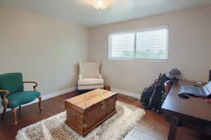 Sitting room with dark hardwood / wood-style flooring