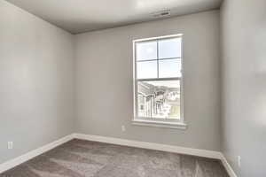 Spare room with carpet, visible vents, and baseboards