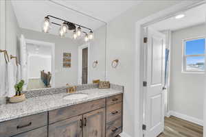 Bathroom with vanity, baseboards, and wood finished floors