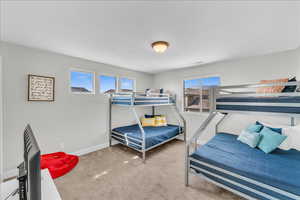 Bedroom featuring carpet flooring, visible vents, and baseboards