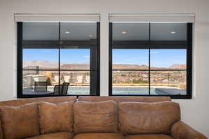 Living area featuring a mountain view