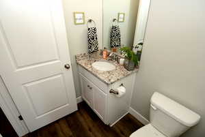 Bathroom featuring toilet, baseboards, wood finished floors, and vanity