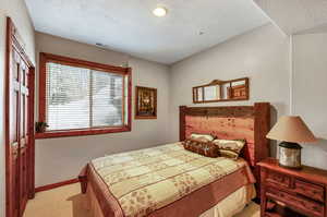 Bedroom featuring visible vents, light carpet, a textured ceiling, and baseboards