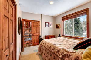 Bedroom with light carpet and a textured ceiling