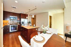 Kitchen with stainless steel appliances, a kitchen island, light countertops, and backsplash