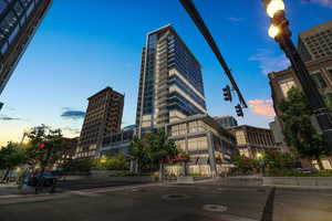 Twilight view of building exterior