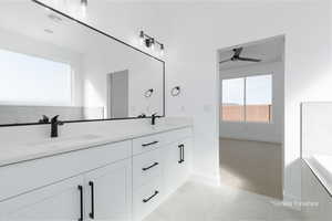 Full bath featuring tile patterned flooring, visible vents, a sink, and double vanity