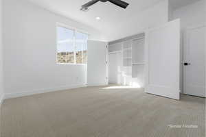 Unfurnished bedroom featuring baseboards, visible vents, light colored carpet, a closet, and recessed lighting