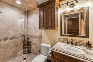 Bathroom featuring a euro glass shower, vanity, and toilet