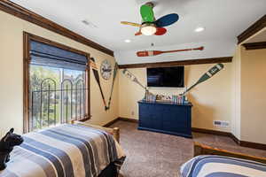 Carpeted bedroom featuring crown molding, recessed lighting, visible vents, and baseboards