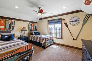 Carpeted bedroom with recessed lighting, visible vents, baseboards, and ornamental molding