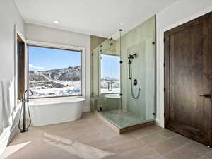 Bathroom featuring a freestanding tub and a shower stall