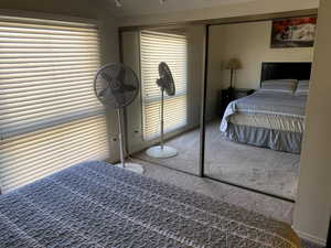 Bedroom featuring carpet floors, a closet, and lofted ceiling