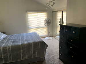 Bedroom with carpet floors, lofted ceiling,