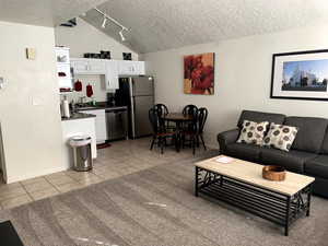 Living area with light tile patterned floors, baseboards, vaulted ceiling, and lighting