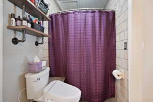 Bathroom with a shower with shower curtain and toilet