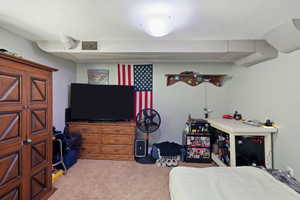 Carpeted bedroom featuring visible vents