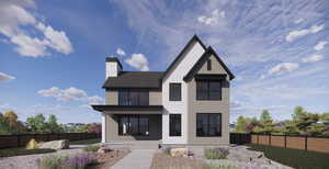 View of front of house featuring a chimney, fence, a porch, and brick siding