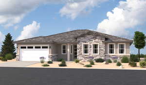 View of front facade with a garage, concrete driveway, stone siding, and stucco siding