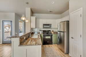 Kitchen featuring stainless steel appliances, a peninsula, a sink, visible vents, and light wood finished floors