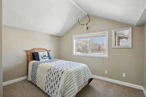 Carpeted bedroom featuring lofted ceiling and baseboards