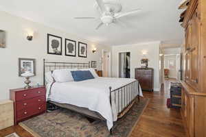 Bedroom featuring wood-type flooring, a closet, a spacious closet, ornamental molding, and baseboards