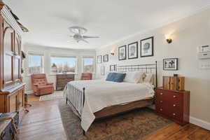 Bedroom with wood-type flooring, baseboards, ceiling fan, and crown molding