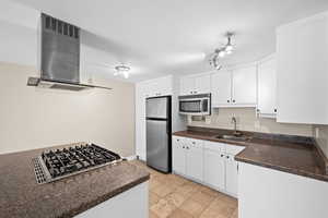 Kitchen with white cabinetry, ventilation hood, stainless steel appliances, and a sink