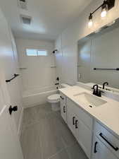 Bathroom with bathtub / shower combination, visible vents, vanity, and toilet