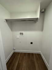 Washroom featuring laundry area, baseboards, dark wood-style flooring, washer hookup, and electric dryer hookup