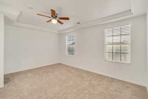 Unfurnished room featuring baseboards, visible vents, a raised ceiling, ceiling fan, and carpet flooring