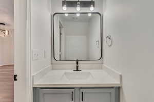 Bathroom with visible vents, wood finished floors, and vanity
