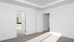 Unfurnished bedroom featuring light carpet, visible vents, baseboards, and a tray ceiling