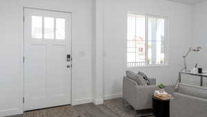 Entryway with dark wood finished floors, a wealth of natural light, and baseboards