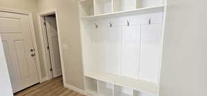 Mudroom with baseboards and wood finished floors