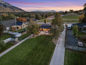 Aerial view at dusk with a mountain view