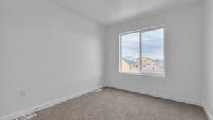 Carpeted spare room featuring visible vents and baseboards