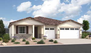 View of front facade featuring a tile roof, stucco siding, concrete driveway, an attached garage, and stone siding