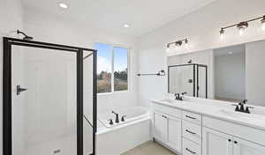 Full bath featuring a garden tub, double vanity, a sink, and a shower stall