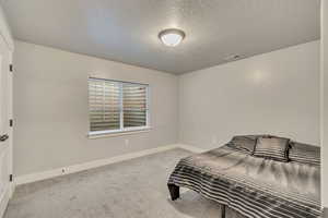 Bedroom with visible vents, a textured ceiling, baseboards, and carpet flooring