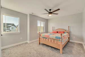 Bedroom featuring visible vents, baseboards, and carpet flooring