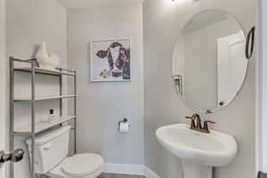 Bathroom featuring wood finished floors, a sink, toilet, and baseboards