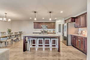 Kitchen with stainless steel appliances, a breakfast bar, a sink, light wood-style floors, and decorative light fixtures