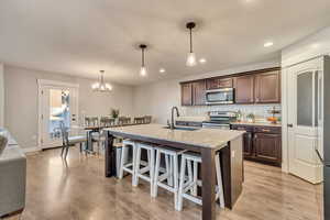 Kitchen with light wood-style flooring, decorative backsplash, appliances with stainless steel finishes, a sink, and dark brown cabinets