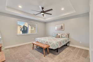 Bedroom featuring carpet, a raised ceiling, baseboards, and recessed lighting