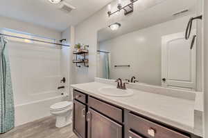 Full bath featuring visible vents, vanity, toilet, and wood finished floors