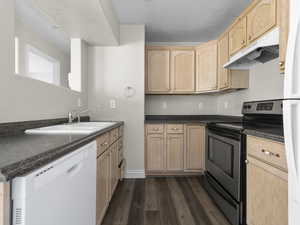 Kitchen with white dishwasher, light brown cabinets, under cabinet range hood, a sink, and stainless steel electric range