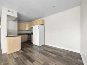 Kitchen featuring electric range, dark countertops, dark wood-type flooring, and freestanding refrigerator