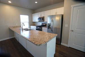 Kitchen featuring dark wood-style floors, appliances with stainless steel finishes, white cabinets, a sink, and a peninsula