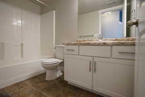 Full bath featuring toilet, shower / bath combination, vanity, and visible vents